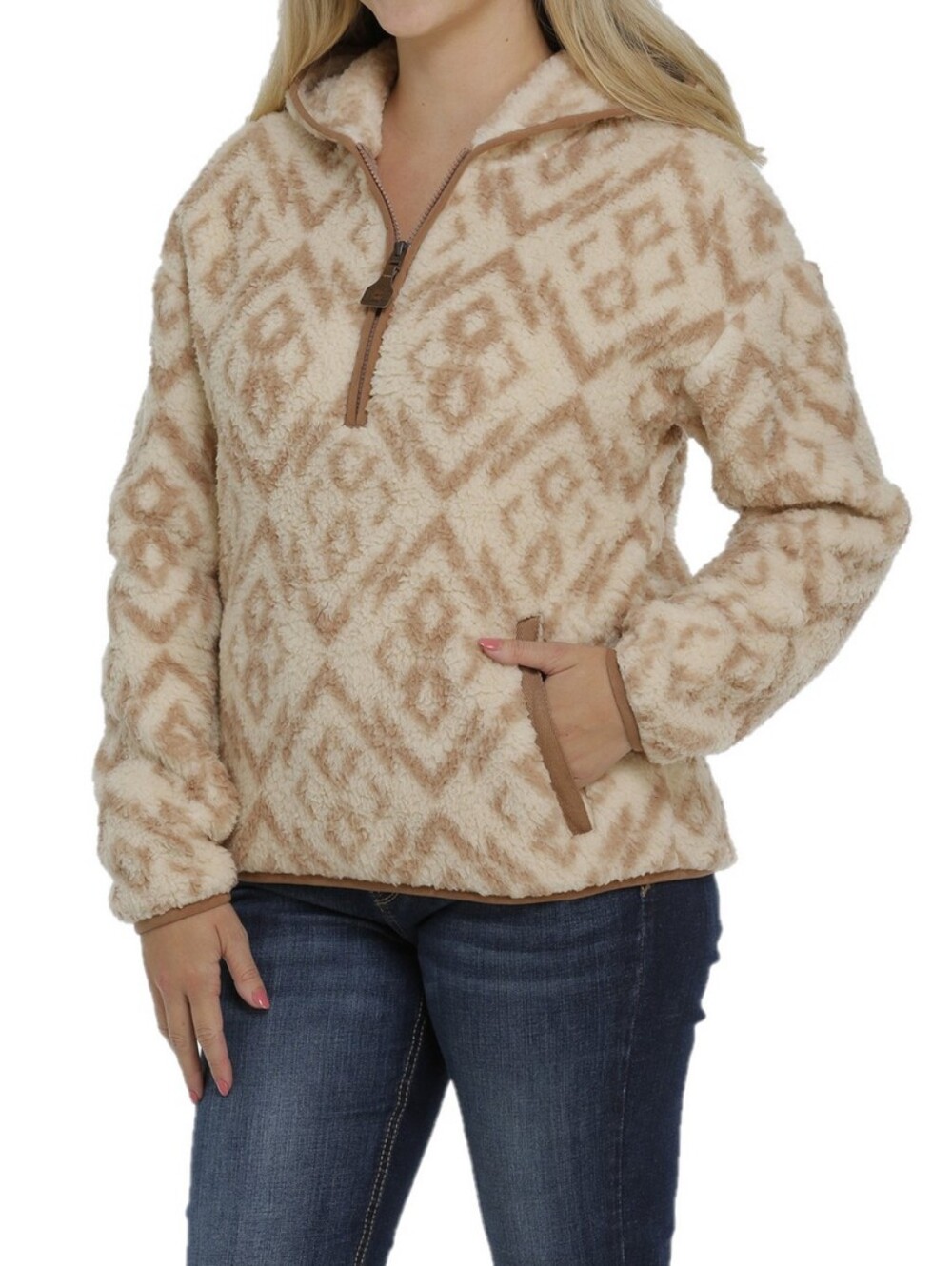 Cinch® Ladies L Southwest Printed Cream Sherpa Pullover Hoodie MAK9811002 EUC